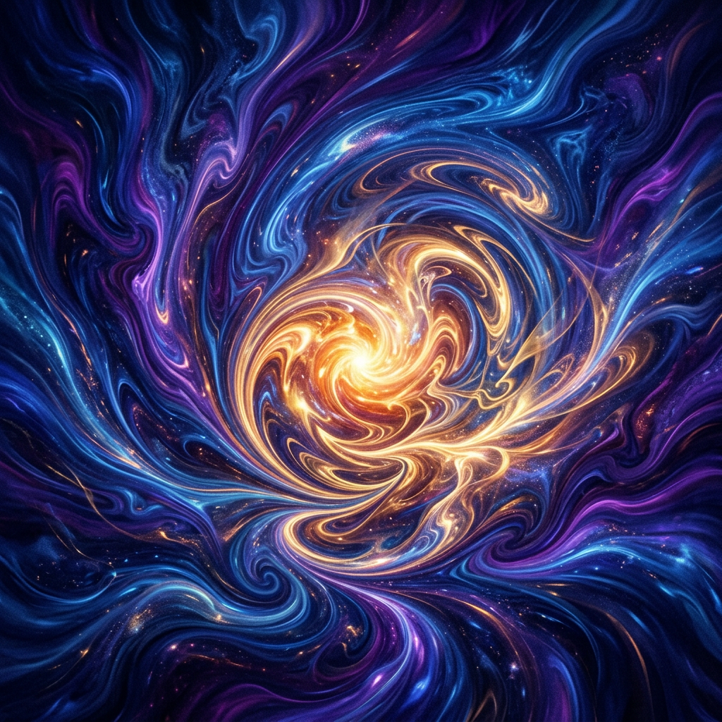 Swirling cosmic vortex with glowing gold, blue, and purple colors