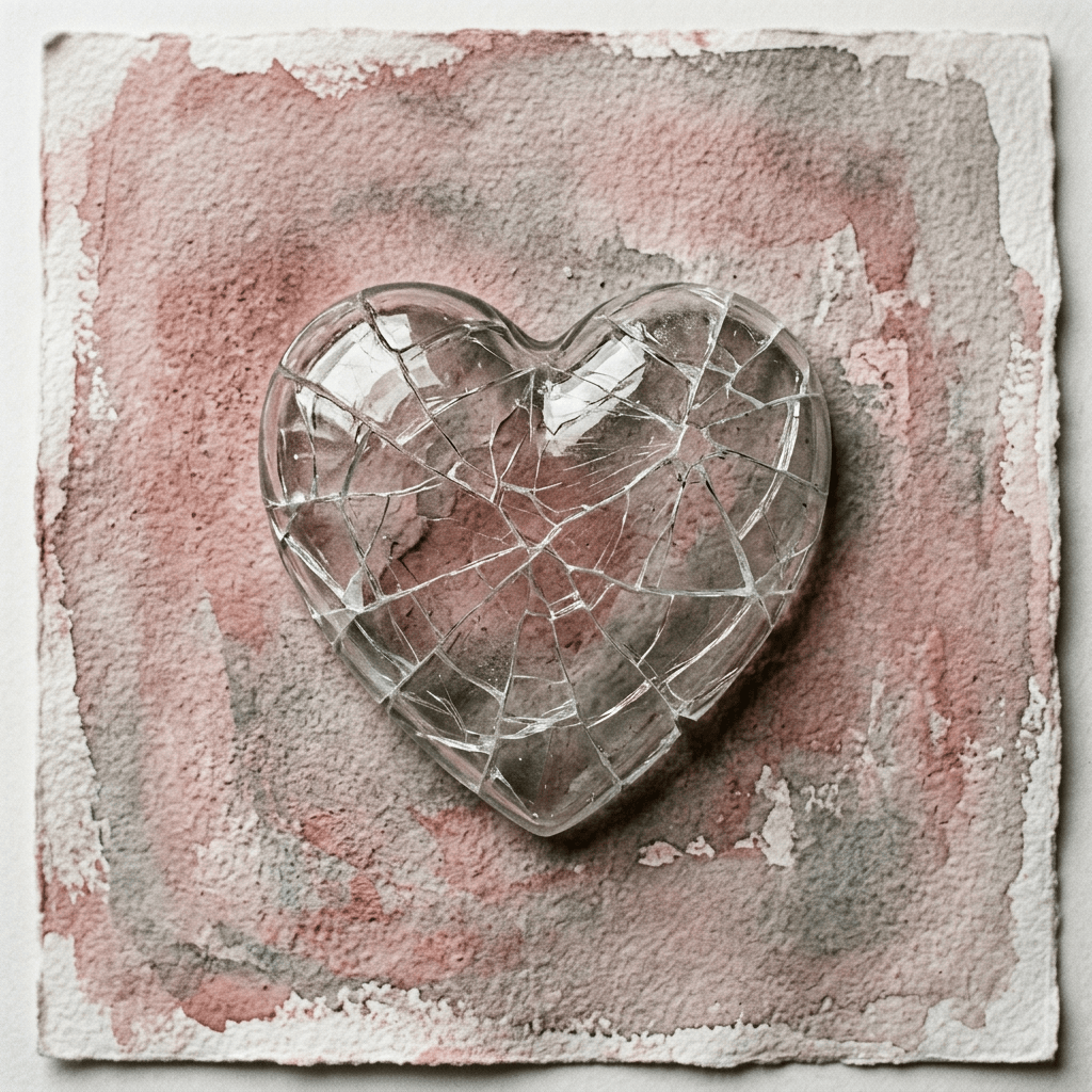 Shattered transparent glass heart on pink and gray watercolor paper