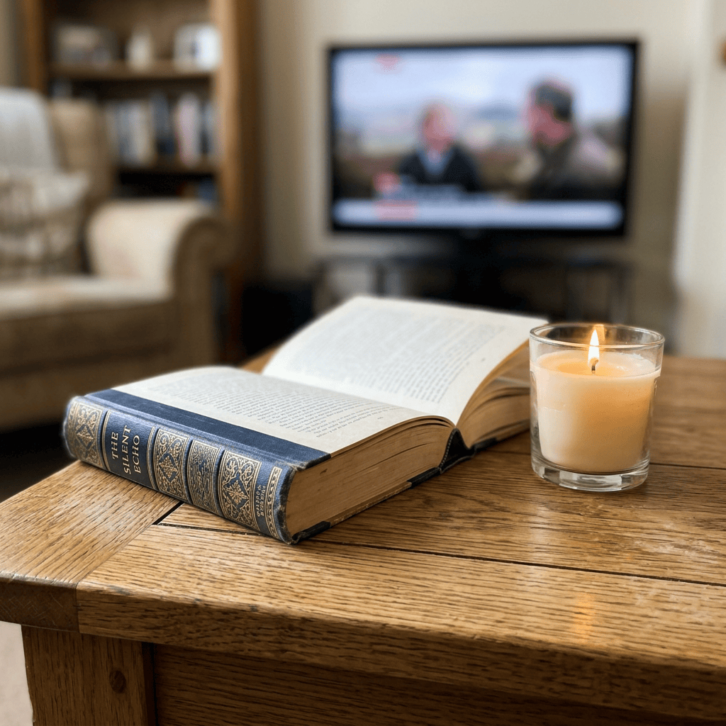 Open book titled The Silent Echo on a wooden table beside a lit candle with a blurred TV and armchair in the background.