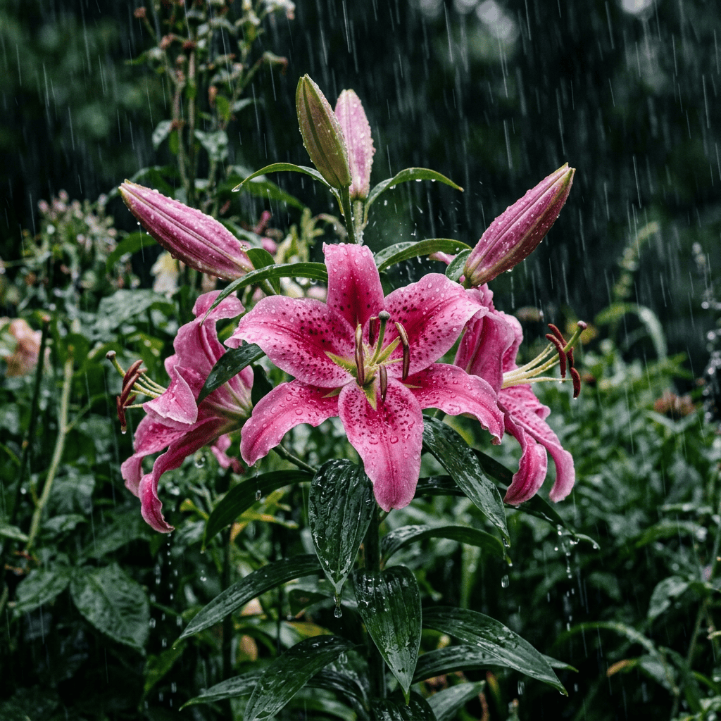 Pink lilies with raindrops on petals and leaves