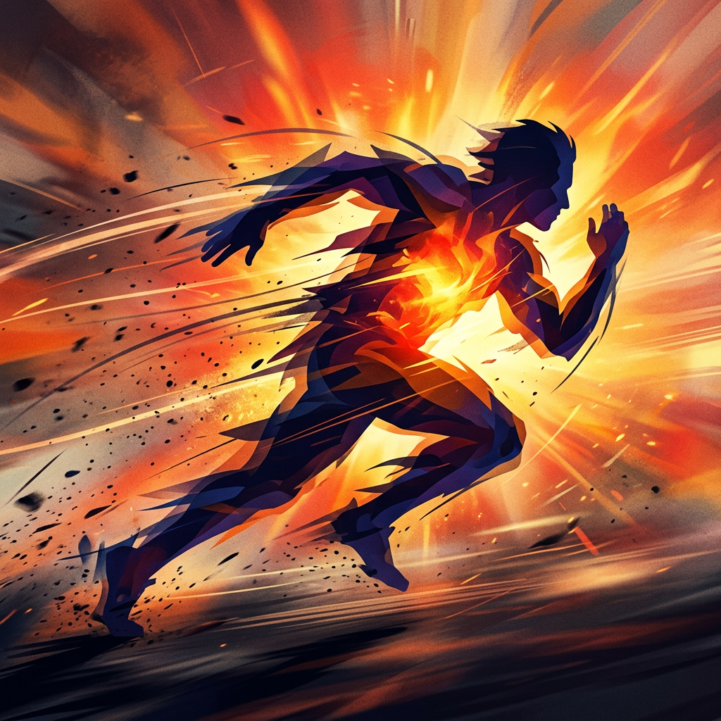 Silhouette of a running person enveloped in fiery flames and dynamic energy streaks