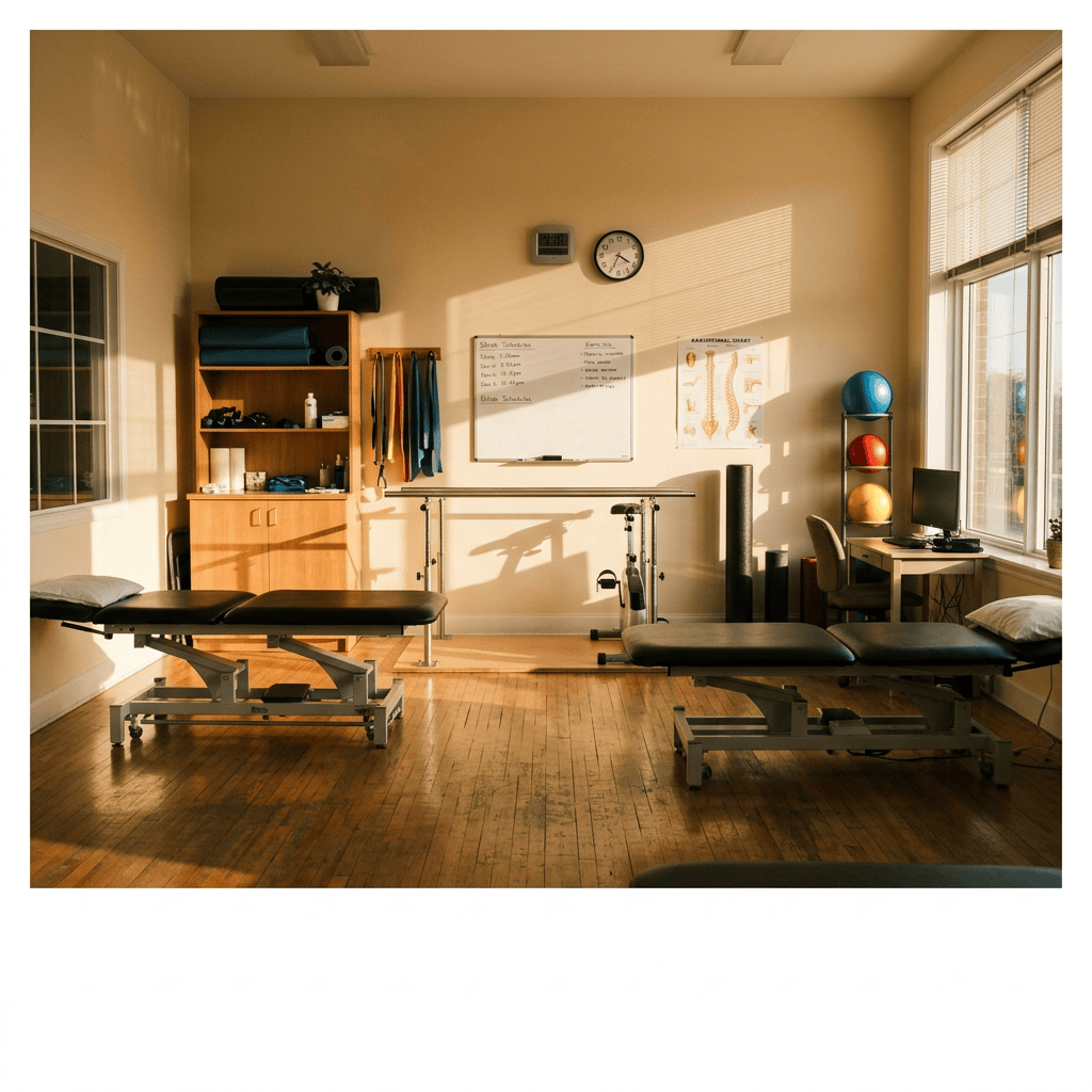 Physical therapy room with two treatment tables, exercise bands, stability balls, and anatomical charts