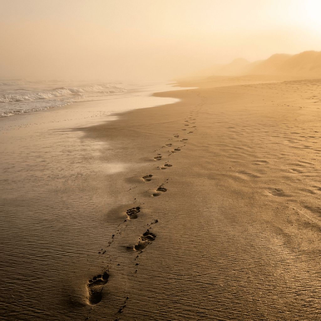 Footprints in sand along a misty beach with gentle waves nearby