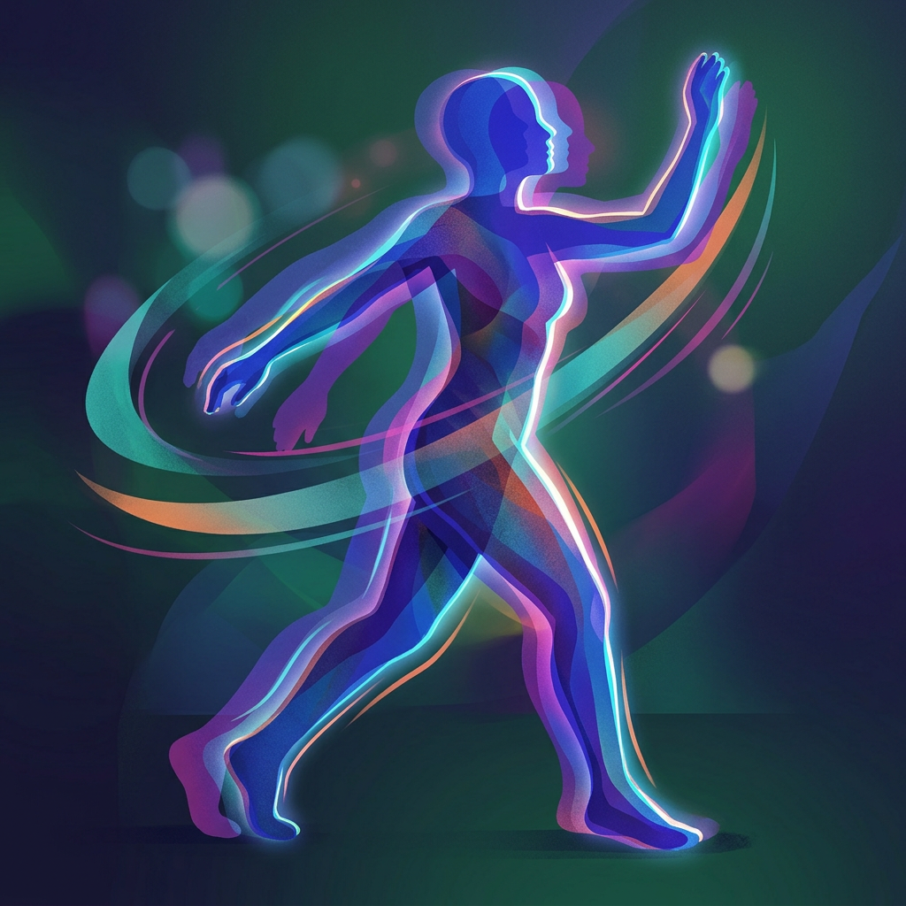 Abstract colorful human figure walking with multiple overlapping silhouettes showing motion