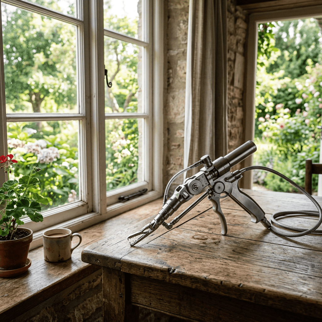 Antique surgical instrument resting on wooden table by window with plant and cup