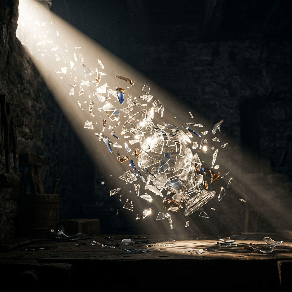 Glass vase breaking into many pieces illuminated by sunlight beam