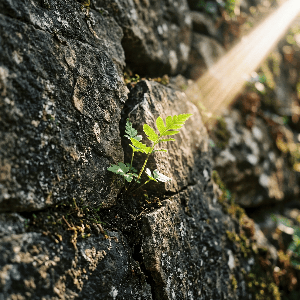 Small green fern growing from a crack in a gray stone wall with sunlight shining on it