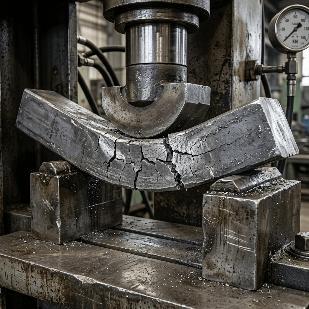 Metal beam cracking under hydraulic press in industrial testing machine