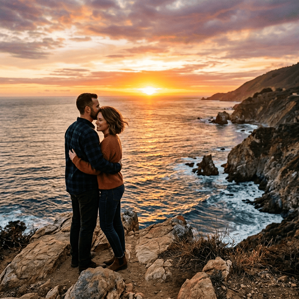 Couple hugging on rocky cliff with sunset over ocean and coastline