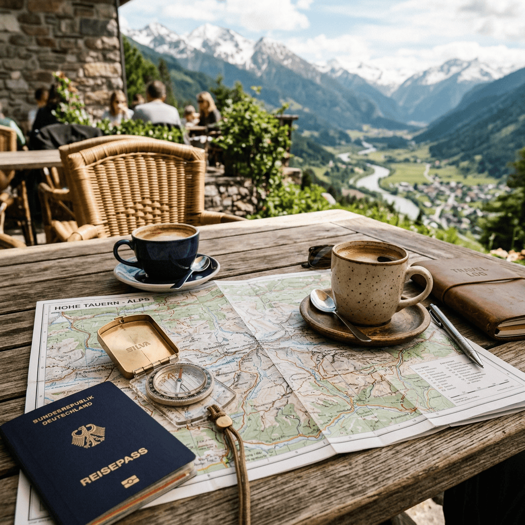 Map, compass, German passport, coffee cups, and travel journal on wooden table