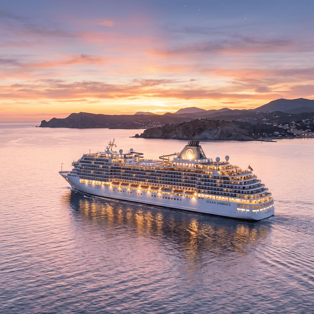 Luxury cruise ship Ocean Embrace sailing on calm sea at sunset near coastline