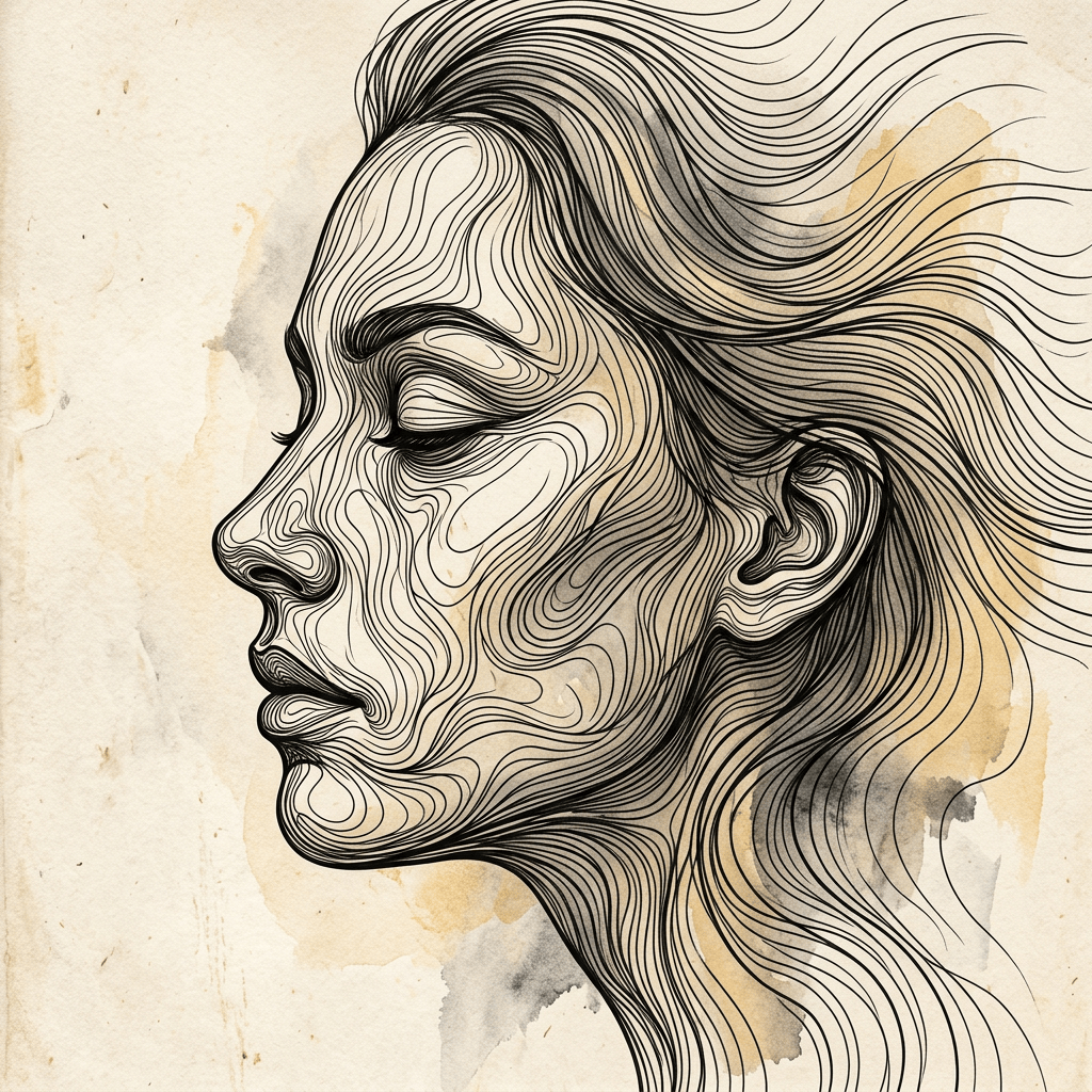 Profile of a woman's face in abstract line art with flowing lines