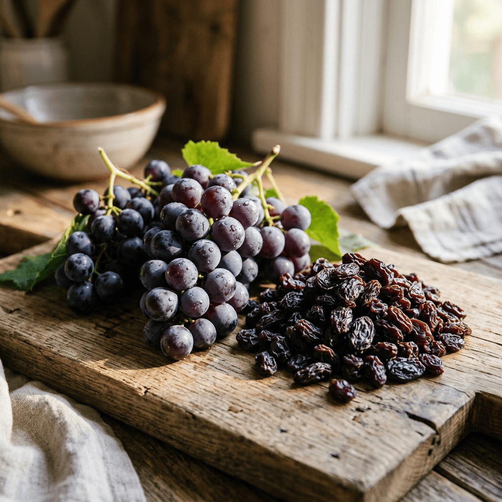 Fresh purple grapes with leaves beside a pile of dark raisins on wooden board