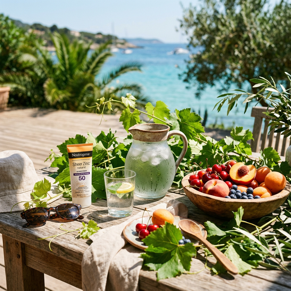 Seaside table with Neutrogena Sheer Zinc sunscreen, fruit, water, and sunglasses