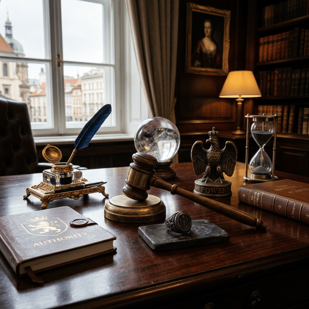 Desk with gavel, quill, books labeled AUTHORITY, eagle marked POWER, and hourglass