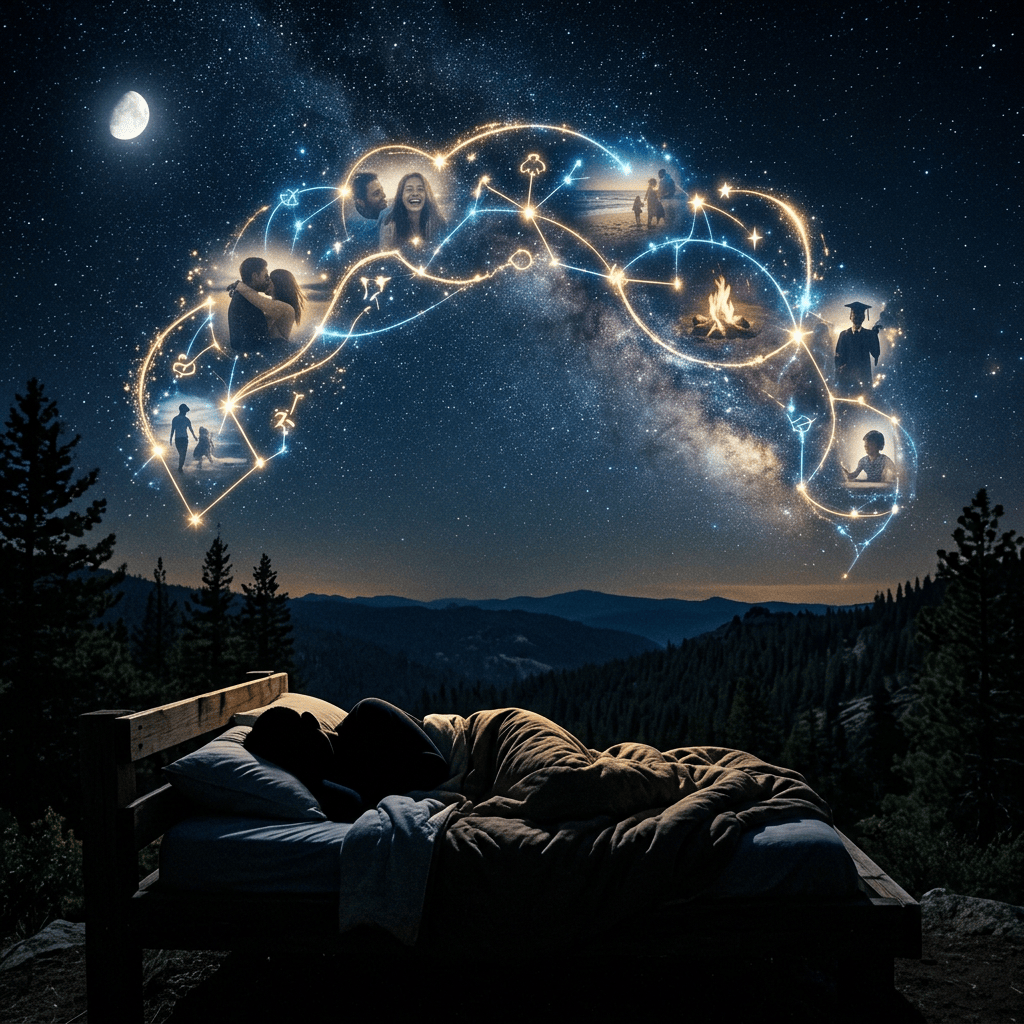Couple sleeping outdoors beneath stars with glowing scenes connected overhead