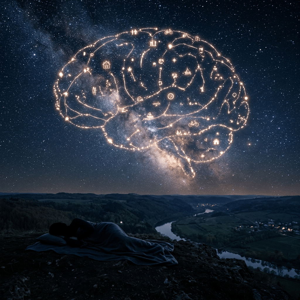Sleeping figure beneath glowing brain-shaped constellation over a river valley
