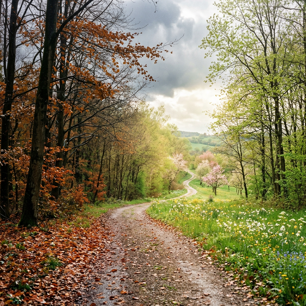 Winding path through woodland with autumn leaves, spring flowers, and distant green hills