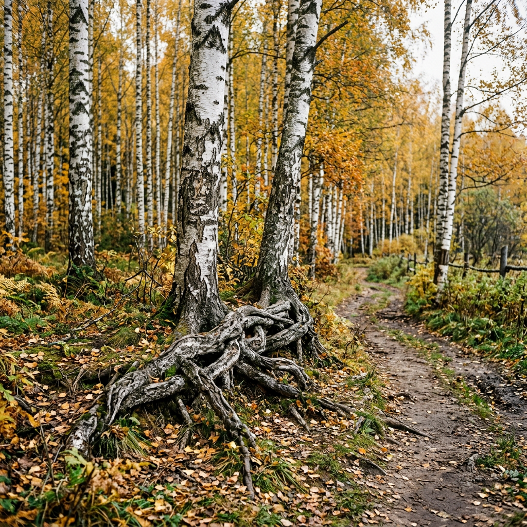 Winding dirt path through an autumn birch forest with exposed roots