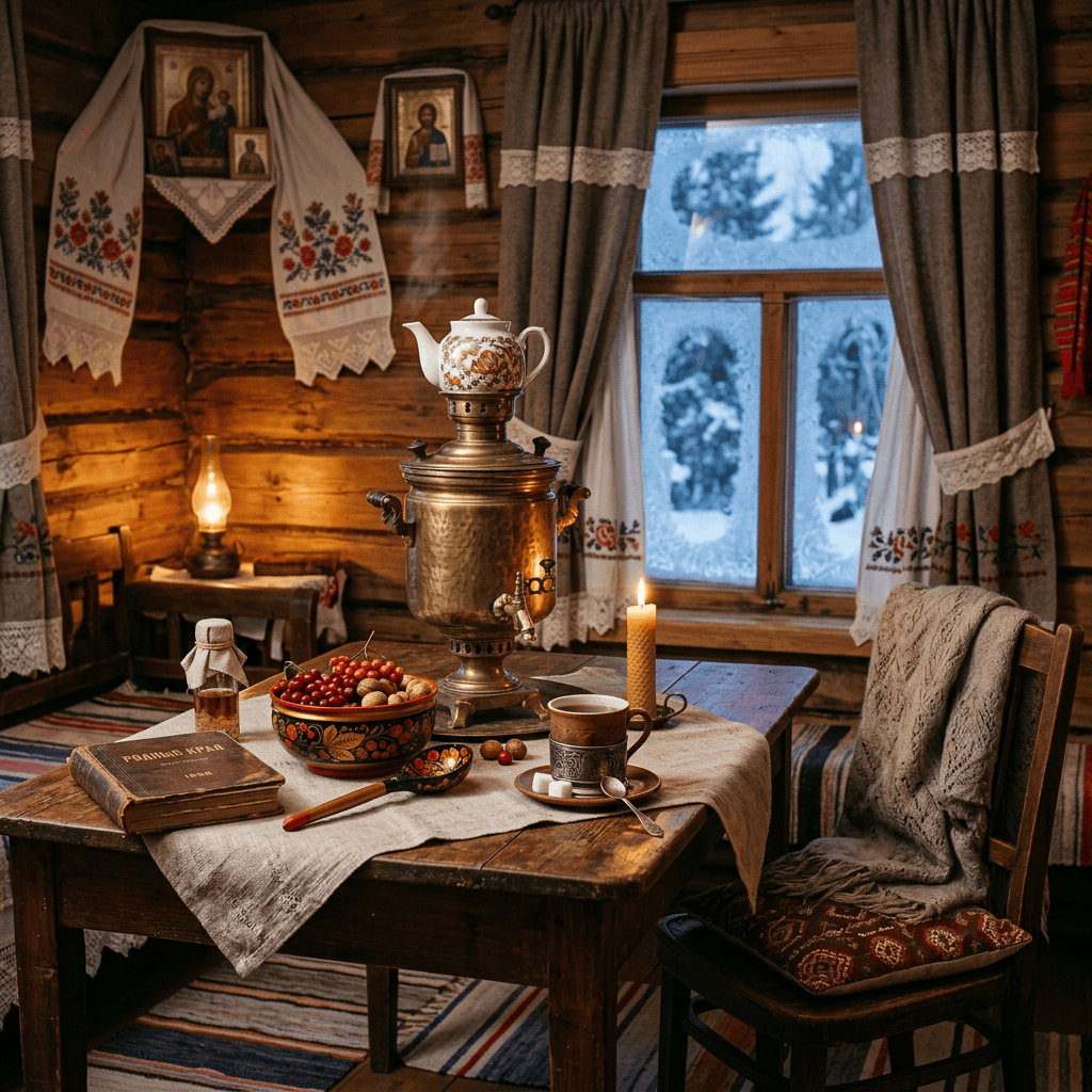Brass samovar and tea setting inside a rustic cabin beside snowy window