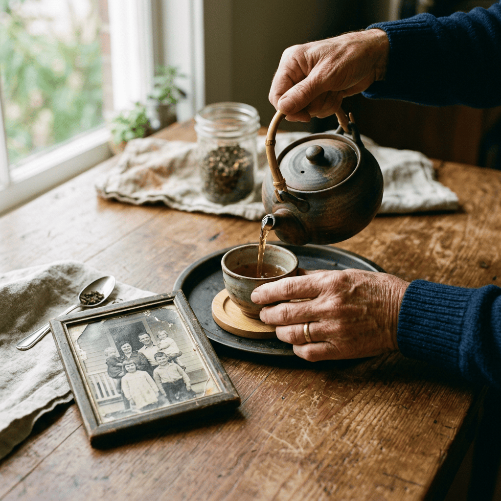 Person pouring tea beside a framed vintage family photograph