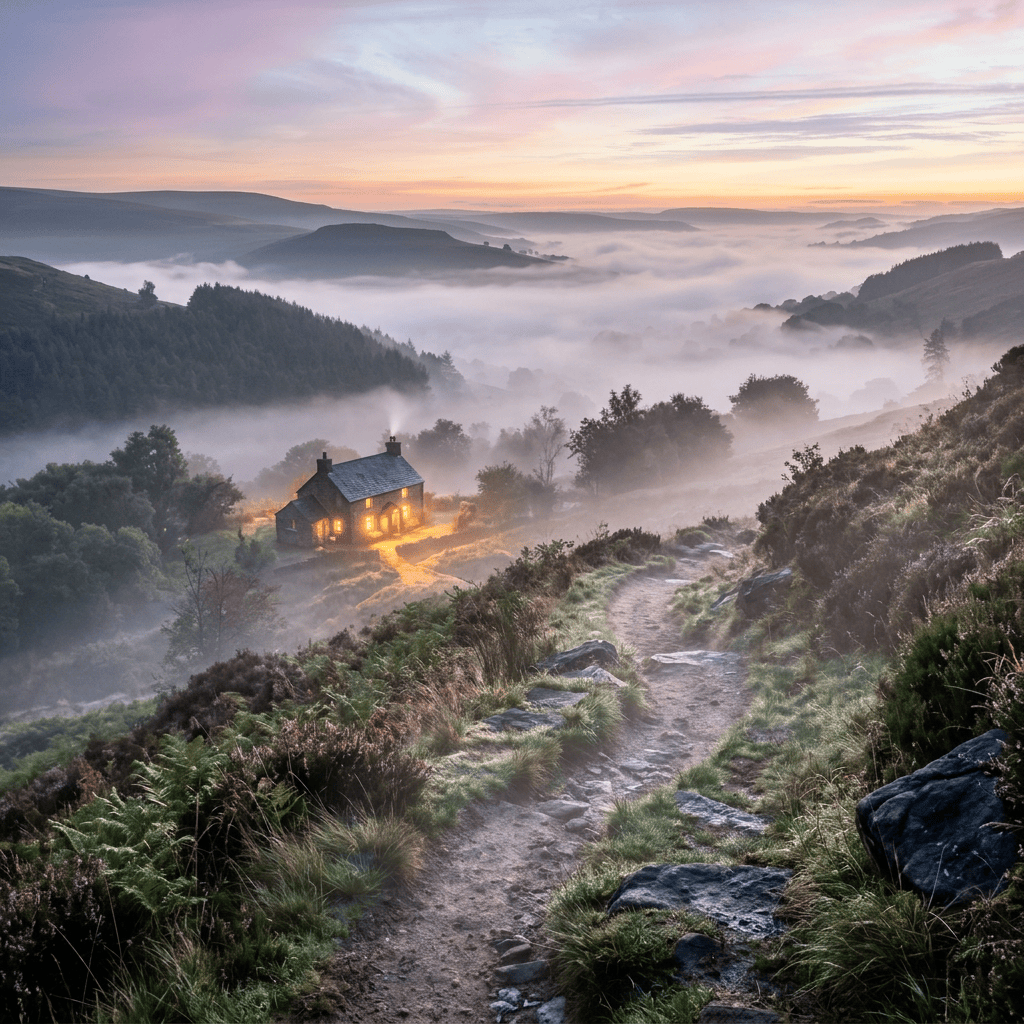 Winding mountain trail leading to a lit cottage in misty hills