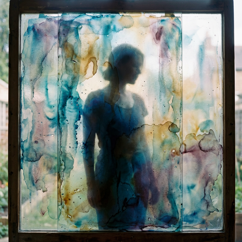 Abstract watercolor artwork displayed across a wooden-framed window