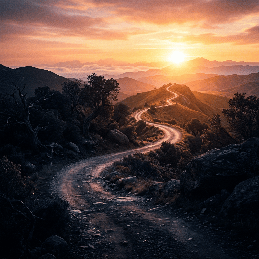 Winding mountain road through rugged hills at sunset