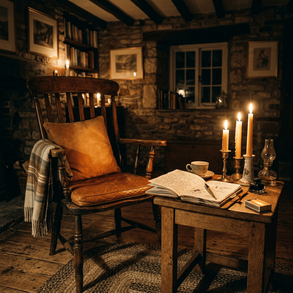 Candlelit reading nook with leather chair, open journal, and stone walls