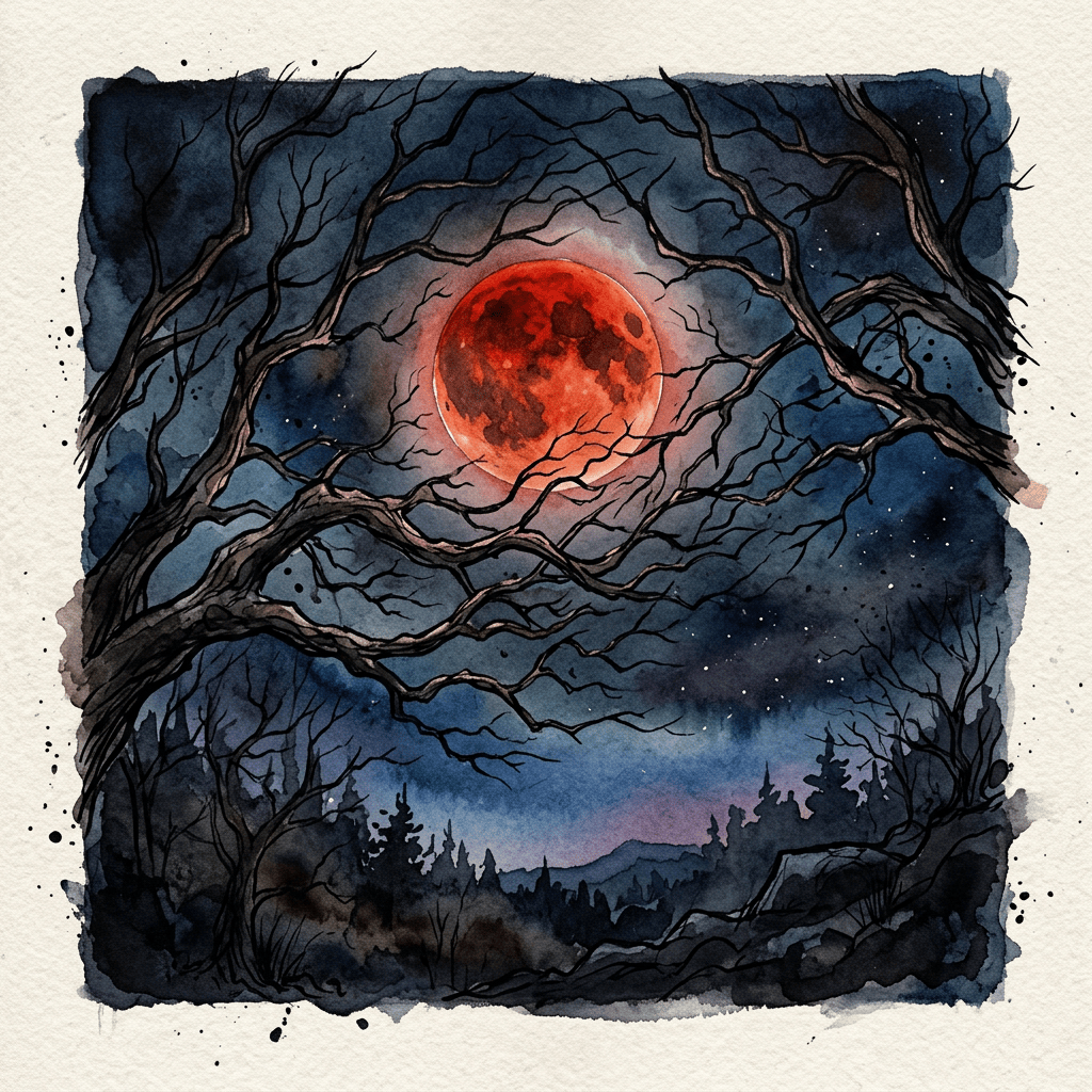 Red blood moon framed by twisted trees over a dark mountain forest