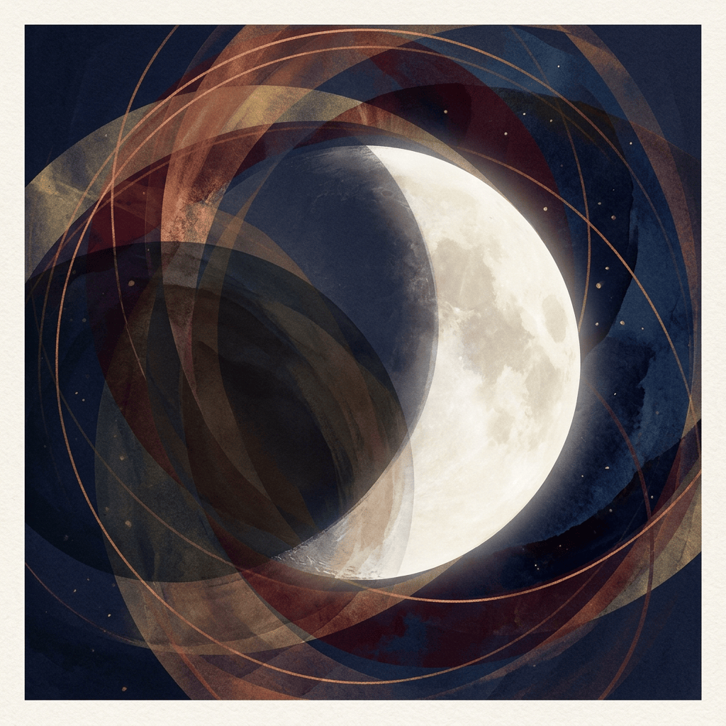 Luminous moon surrounded by layered arcs against a starry dark sky
