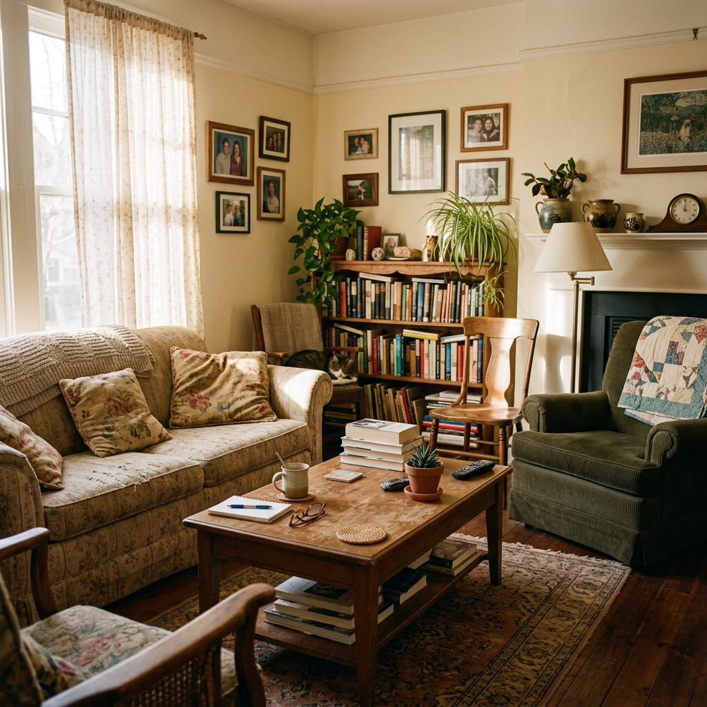 Sunlit living room with bookshelves, plants, framed photos, and seating