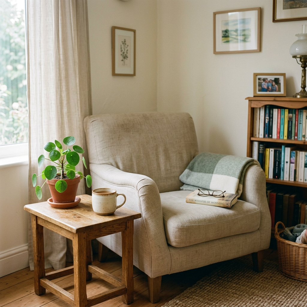 Cozy armchair beside a table with coffee and potted plant