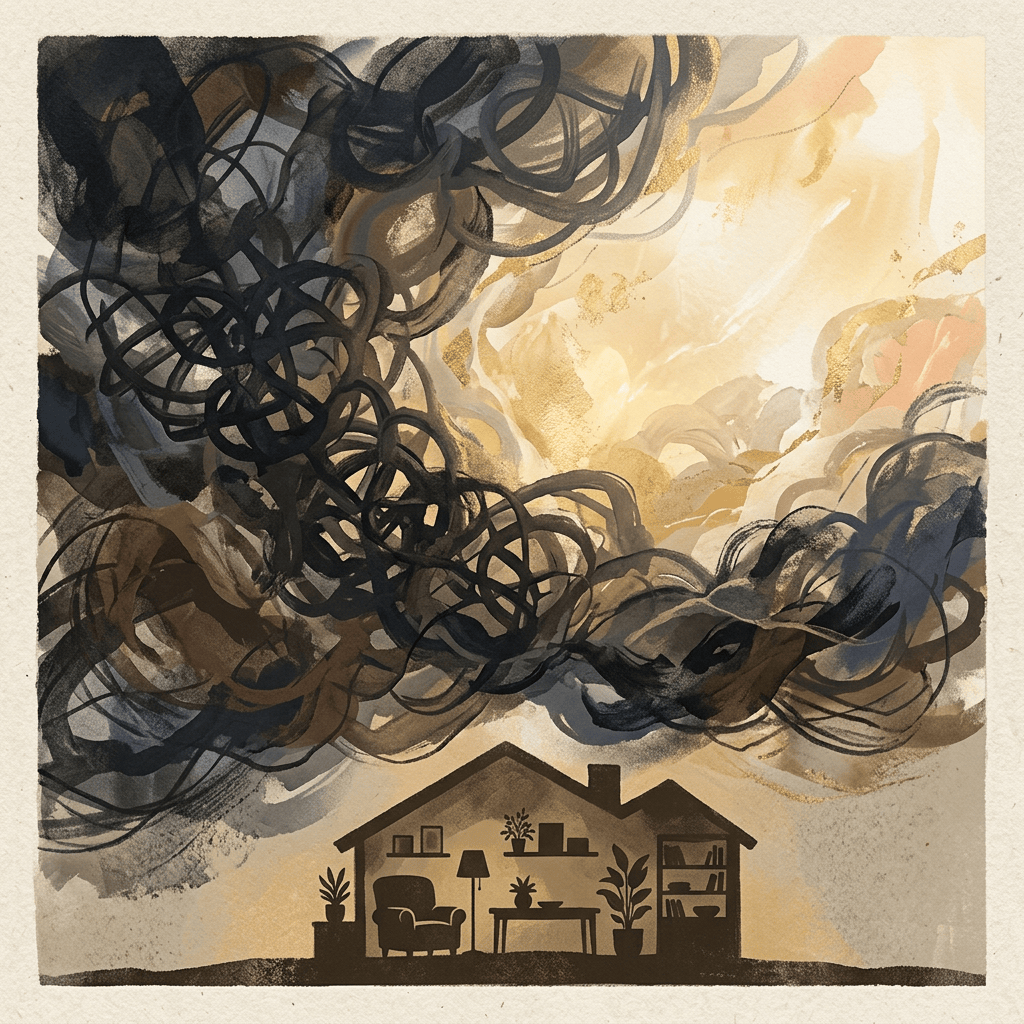 Abstract dark storm clouds above a warmly lit house silhouette