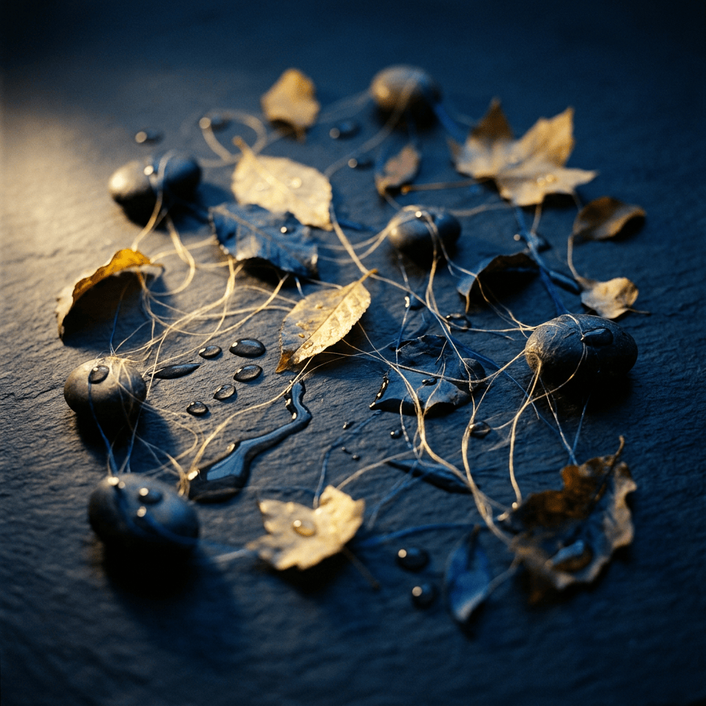 Dried leaves, dark berries, threads, and droplets arranged on a dark surface