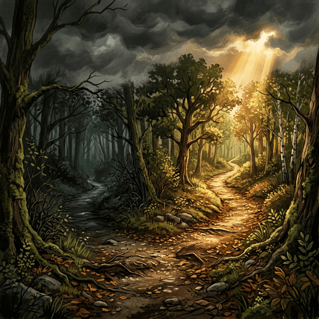 Winding forest path lit by golden sunlight beneath storm clouds