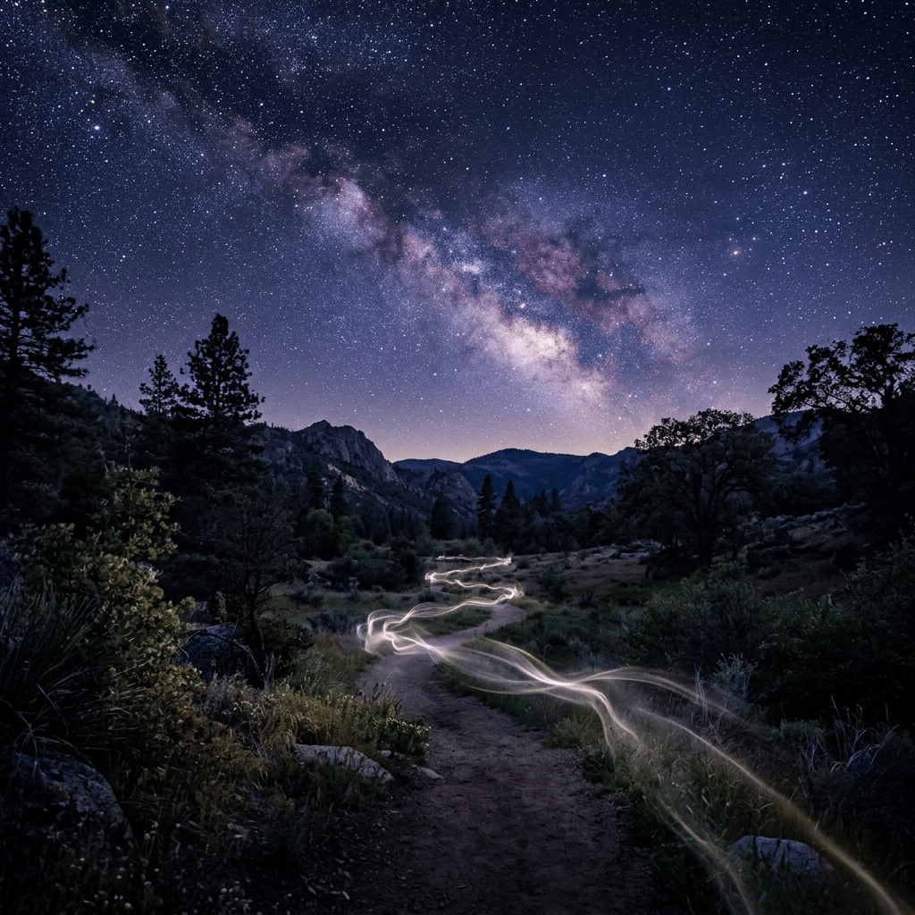 Milky Way over a mountain trail with winding light trails