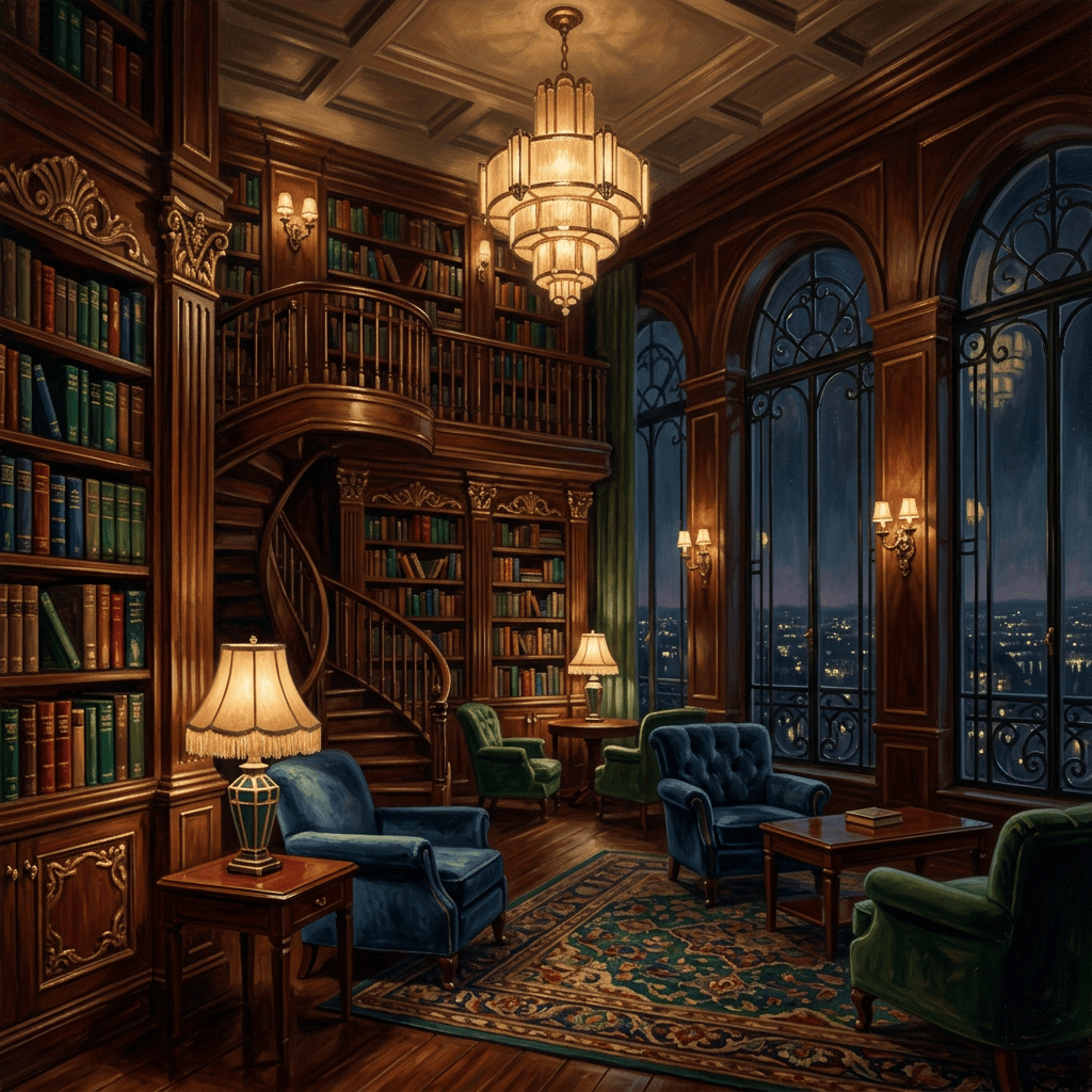 Ornate wood-paneled library with bookshelves, seating, chandelier, and city views