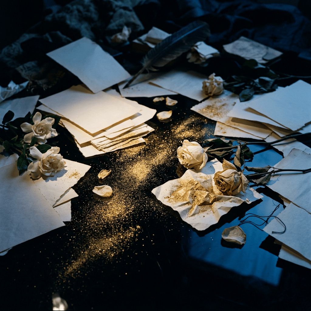 Dried roses and scattered letters covered in golden dust on dark fabric