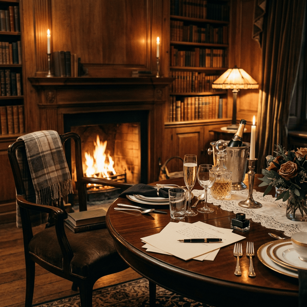 Elegant dinner table beside a roaring fireplace with champagne and flowers