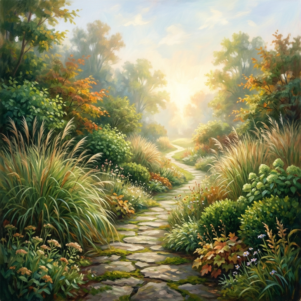 Sunlit stone path winding through a lush garden with autumn foliage