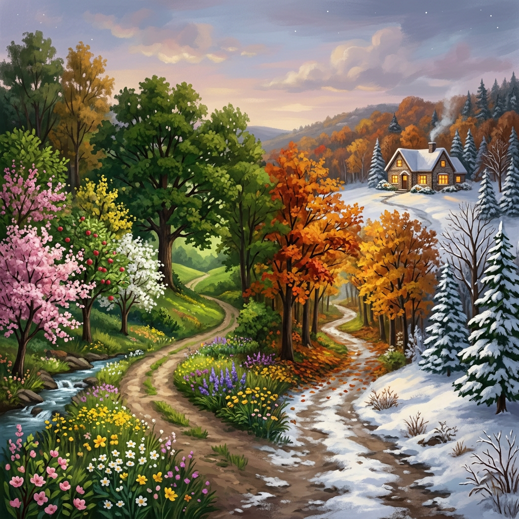 Four-season woodland landscape with a cabin, stream, flowers, autumn trees, and snow