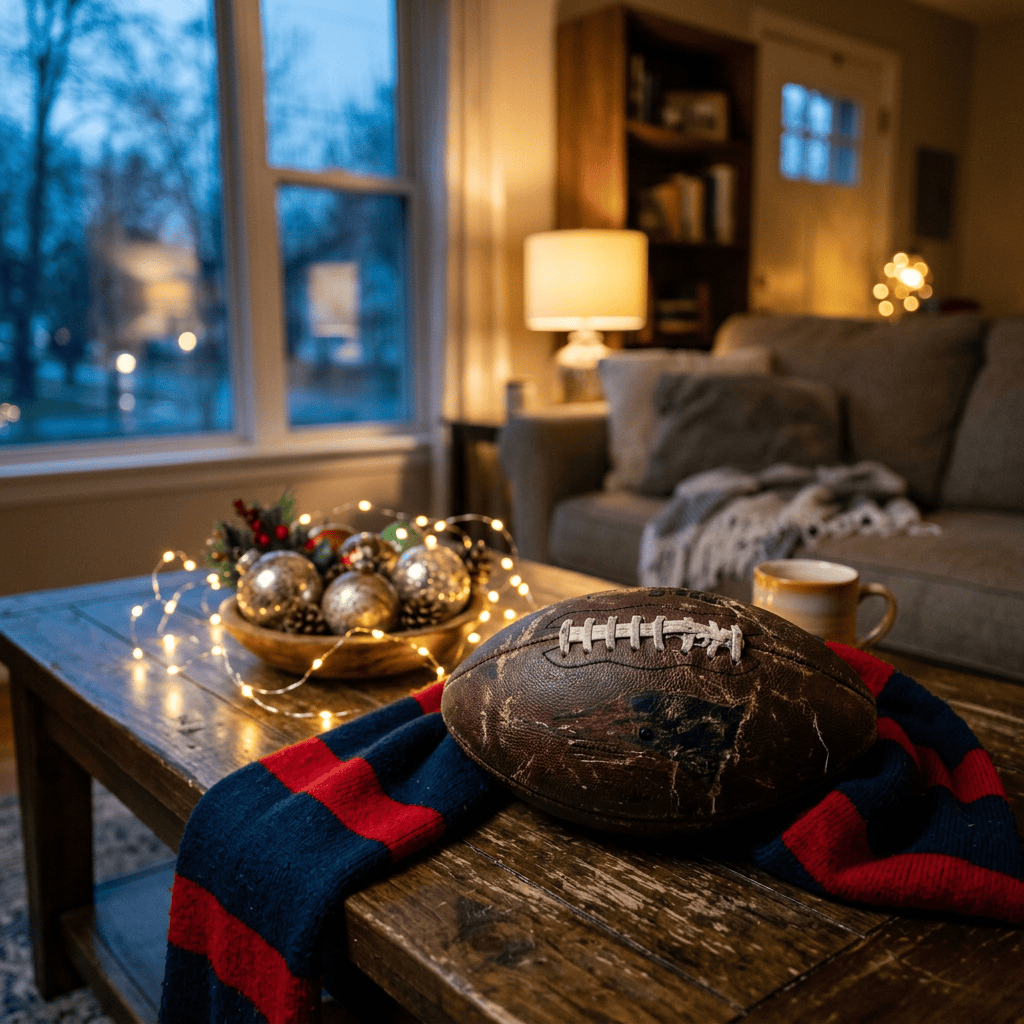 Worn football and red-and-blue scarf on a coffee table