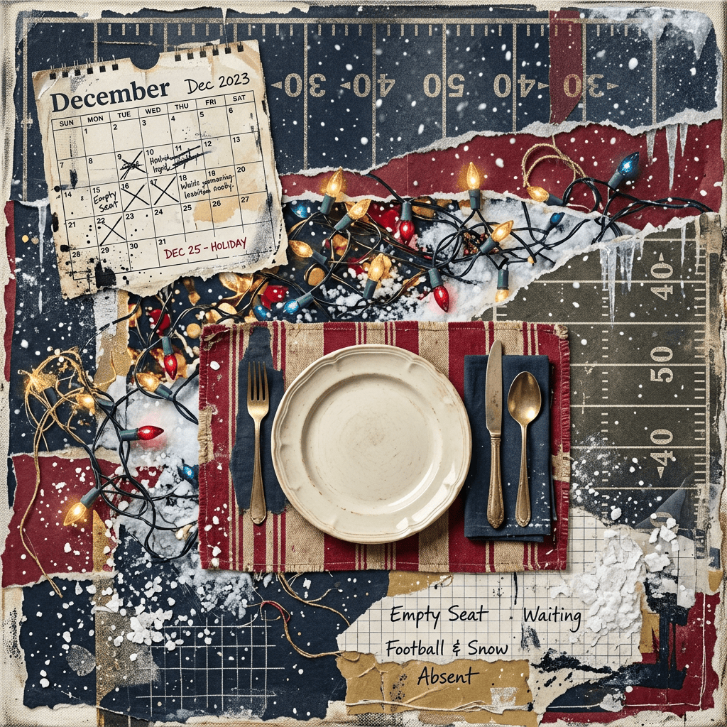 December 2023 calendar, empty holiday place setting, Christmas lights, and text reading “Empty Seat • Waiting,” “Football & Snow,” and “Absent.”