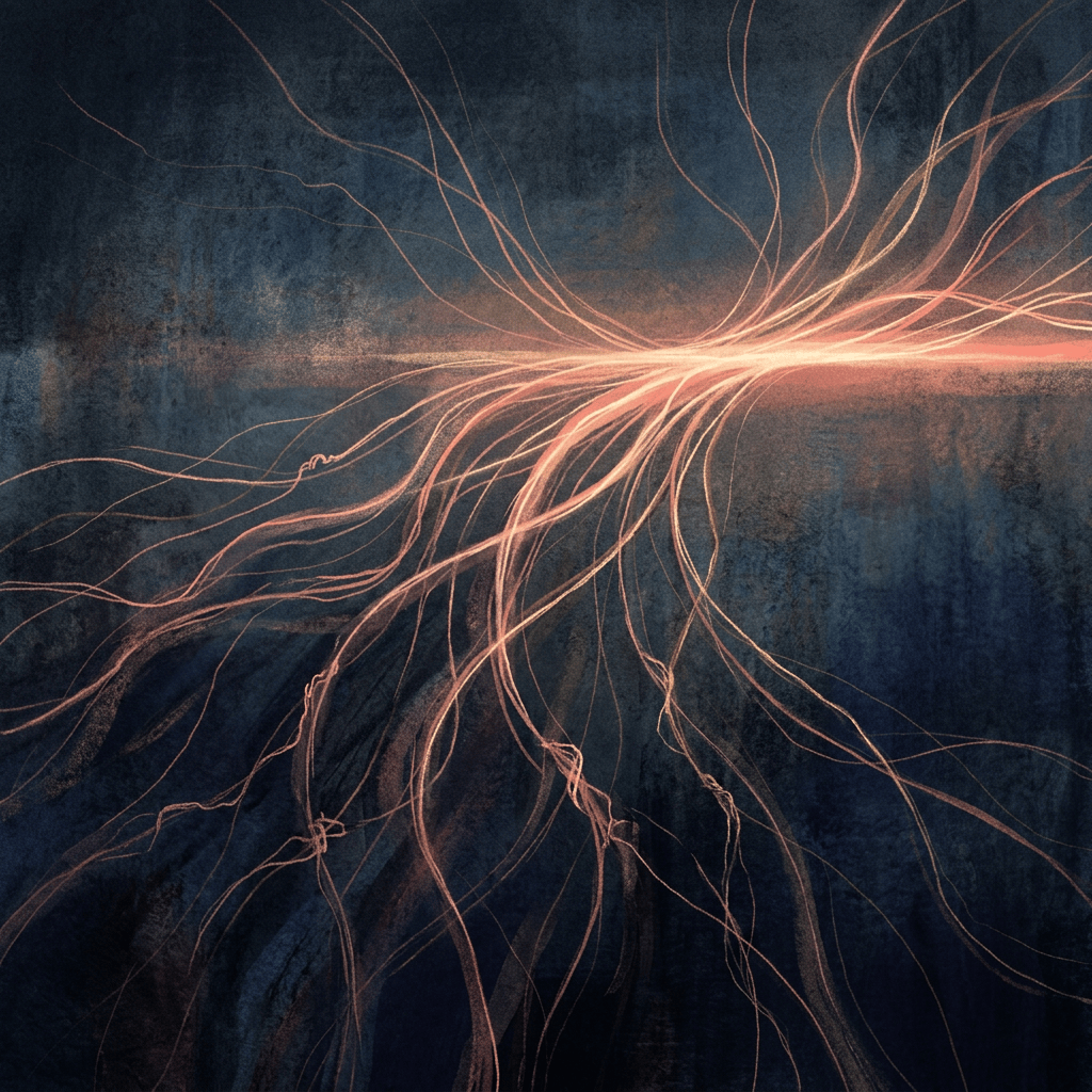 Glowing coral and gold lines converge across a dark blue textured background