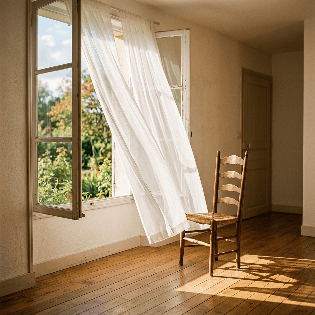 Wooden chair beside an open window with billowing white curtains