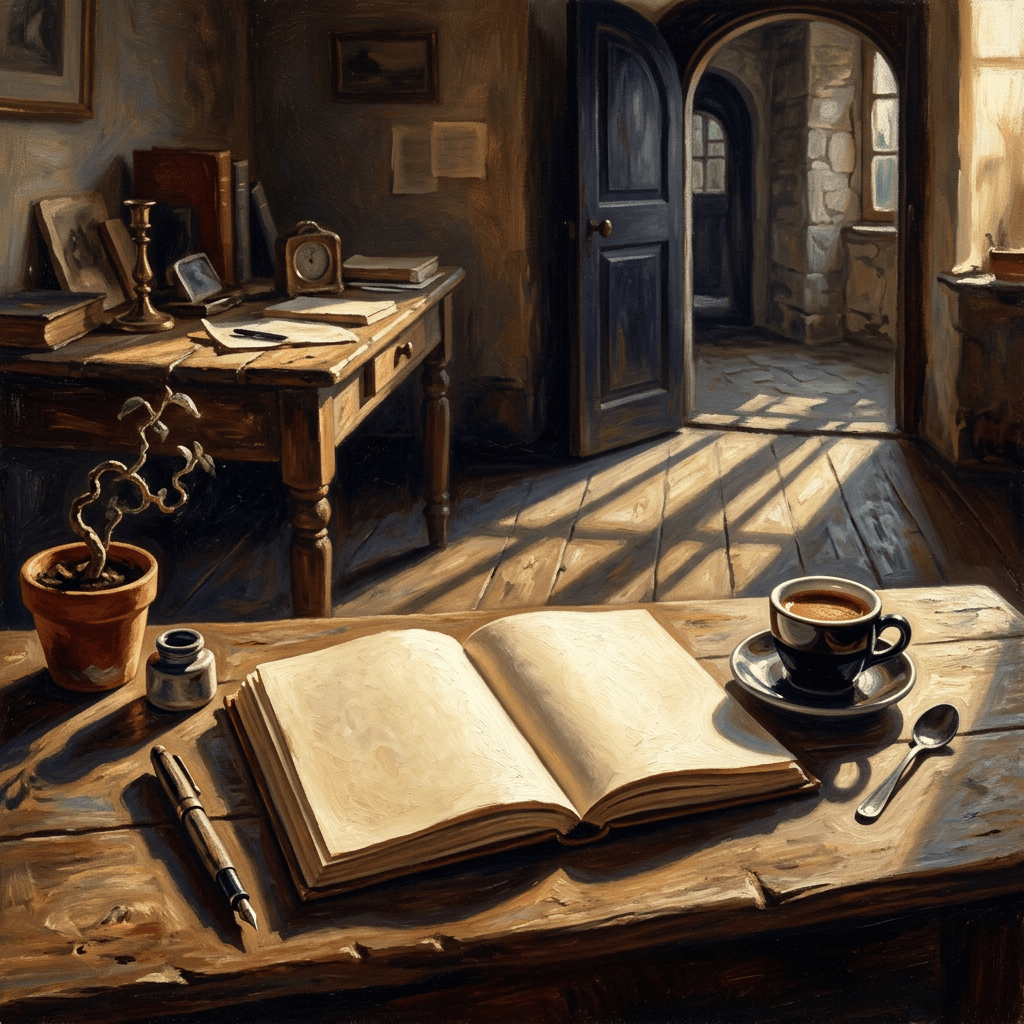 Open journal, pen, coffee, and potted plant on a wooden table