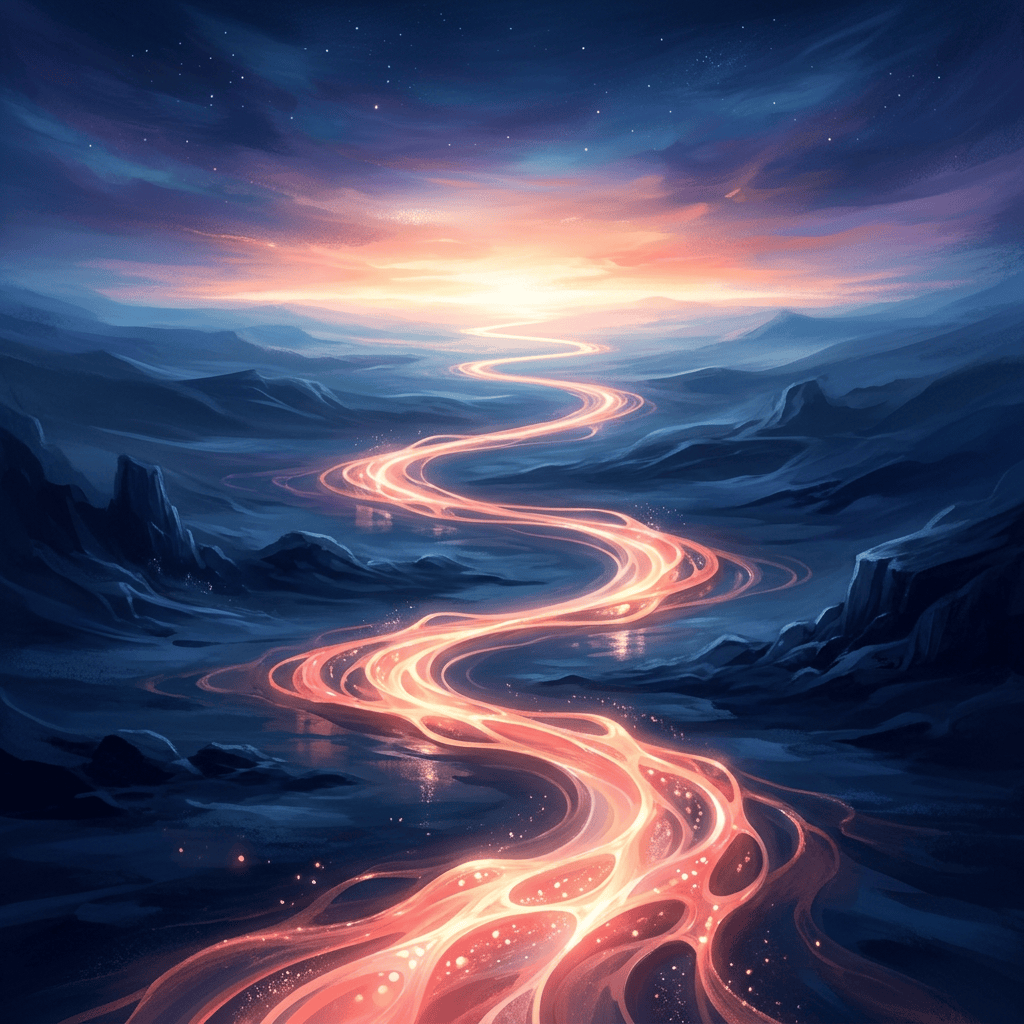 Glowing winding path through dark blue mountains beneath a starry sunrise