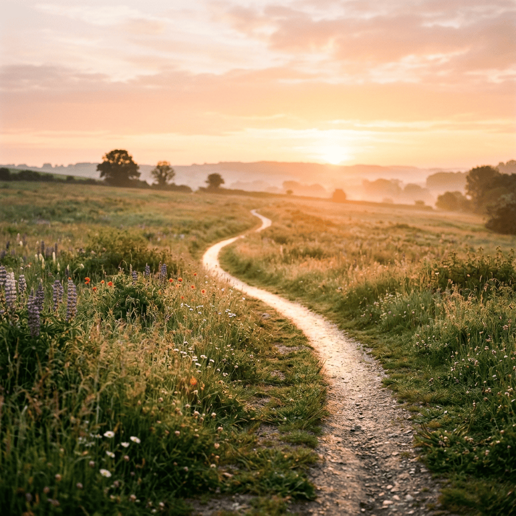 Winding dirt path through a wildflower meadow at sunrise