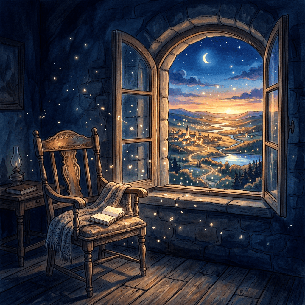Open window overlooking a moonlit valley beside a chair with an open book